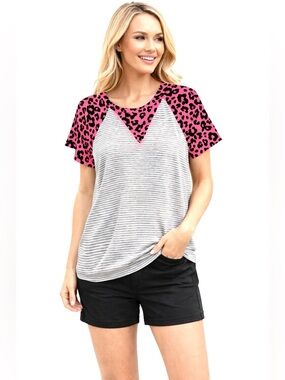 Lilypad Pink Leopard Raglan Tee Gray Striped Colorblock Top Short Sleeve Small